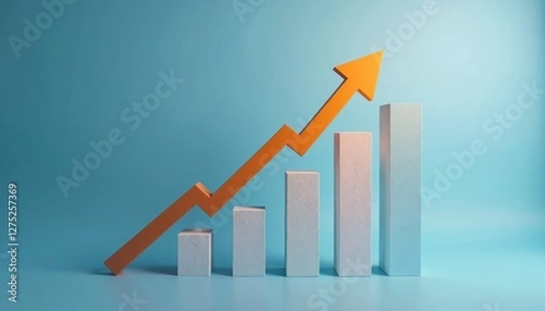 Fototapeta Upward graph trend shows financial growth, business success. Orange arrow points up on chart, diagram for presentation, report. Market progress, money investment, profit symbol.