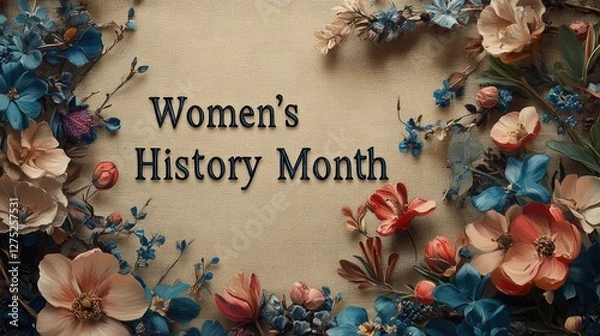 Obraz Echoes of Time "Women's History Month" written on a rustic beige background with handwritten typography and delicate lace patterns, evoking a sense of heritage and tradition.