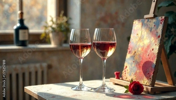 Obraz Red and White Wine Glasses with Painting Easel