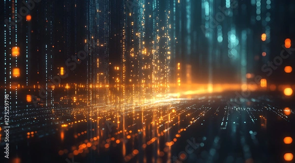 Obraz Futuristic Digital Data Flow with Glowing Code, Cyber Technology, and Abstract Light Streaks