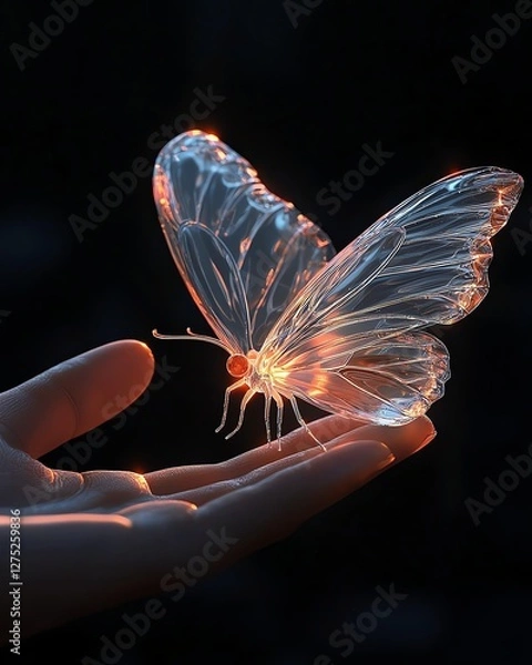 Fototapeta Delicate glass butterfly held gently in a hand, symbol of transformation and fragility, soft natural lighting, realistic texture, no watermark, no brand, no license, no copyright