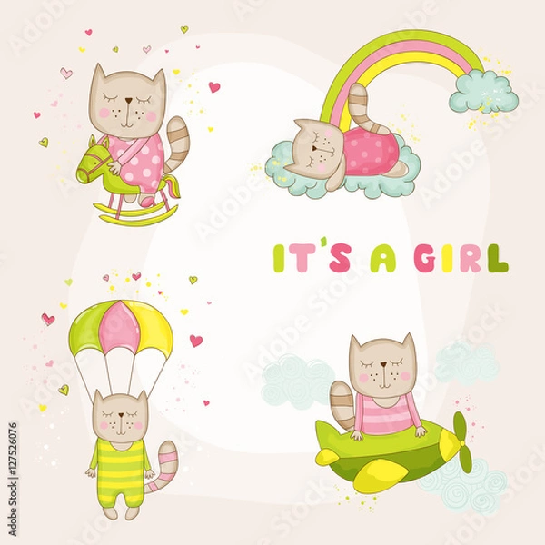 Fototapeta Baby Girl Cat Set - Baby Shower or Arrival Card - in vector