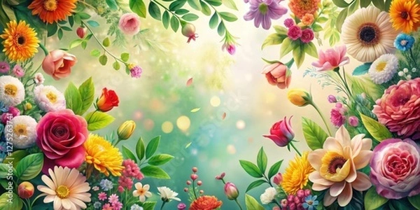 Fototapeta Vibrant Floral Arrangement Featuring a Bountiful Display of Roses, Daisies, Tulips, and Other Blossoms, Arranged in a Captivating Composition Against a Soft, Dreamy Background