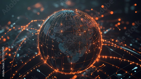 Fototapeta Global Network Art: A Vibrant Earth Centered in a Sea of Data Transmission Sparks