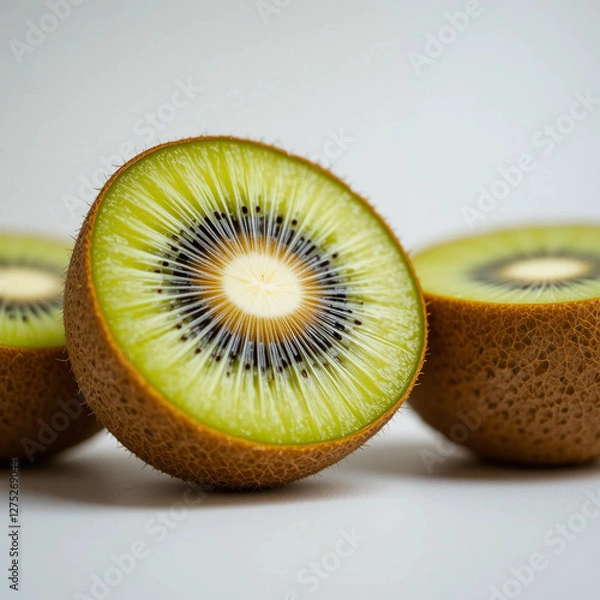 Fototapeta Macro shot of a vibrant kiwi, showcasing exquisite texture, crisp detail, and freshness against a pure white backdrop