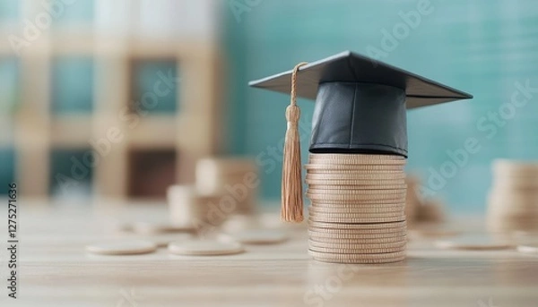 Obraz Graduation Cap on Stack of Coins: Education Costs