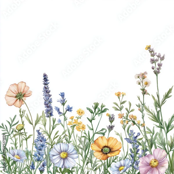 Fototapeta Wildflower Meadow Border with Delicate Botanical Elements on White Background