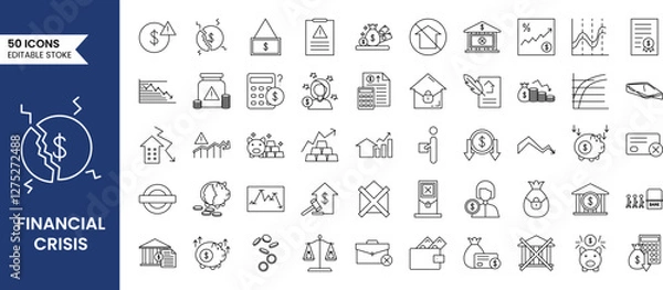 Fototapeta Financial Crisis icon set in line style. crisis, risk, strategy, calculating, bankruptcy, finance and more. Vector illustration