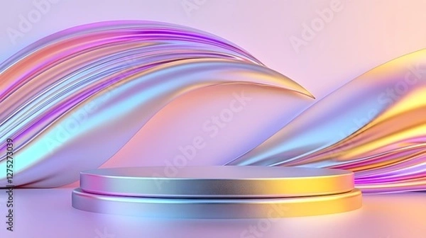 Fototapeta A futuristic abstract scene featuring a sleek metallic pedestal bathed in vibrant gradient lighting set against a smooth curving background in soft pastel hues