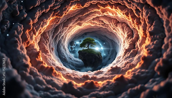 Obraz Dreamy cosmic vortex with swirling galaxies and floating islands.