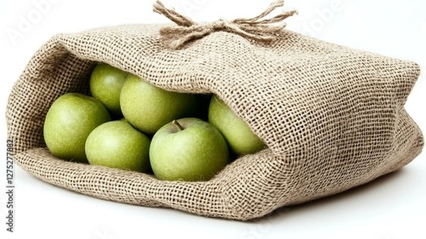 Fototapeta Green apples in burlap sack on white background (1)