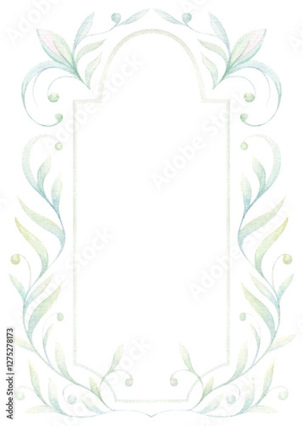 Obraz Blue green watercolor painting nature leaves frame template. Isolated Hand drawn leaves on white background. Template for design, invitation, card