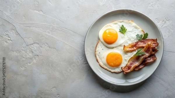Fototapeta A delicious breakfast plate featuring sunny-side up eggs and crispy bacon, garnished with fresh herbs, presented on a minimalist background
