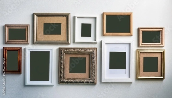 Fototapeta Minimalist White Photo Frames Arranged on a Neutral Backdrop, Showcasing Elegant Simplicity and Sophistication, Perfect for Artwork Display or Home Decor.