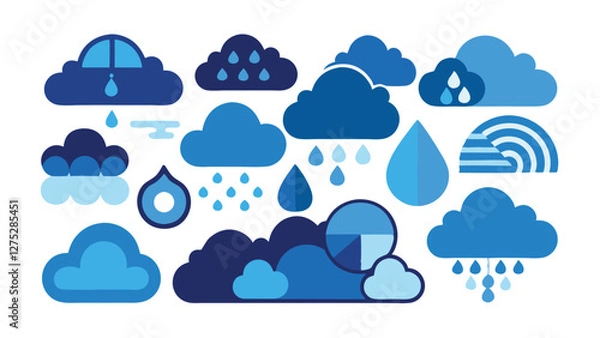 Fototapeta Blue Cloud Icon Set with Rain and Weather Symbols on Transparent Background