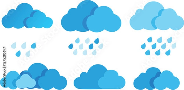 Fototapeta Blue Cloud Icon Set with Rain and Weather Symbols on Transparent Background