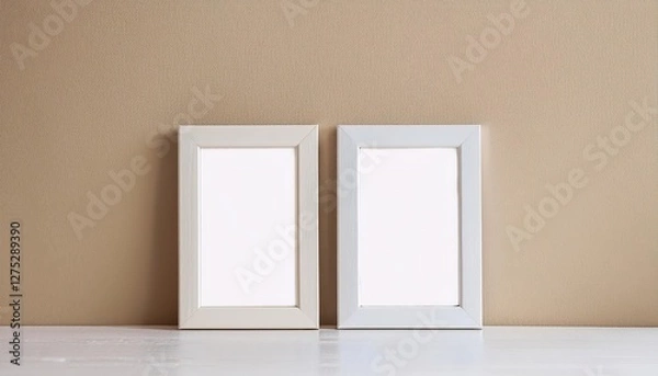 Fototapeta Elegant White Frame Duo Stands Proud Against a Neutral Warm Backdrop, Showcasing Minimalist Artwork with an Air of Luxury and Sophistication