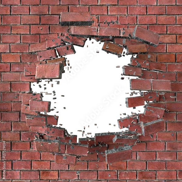 Obraz Renderowanie 3d, ilustracja 3d, eksplozja, pęknięty mur z czerwonej cegły, b