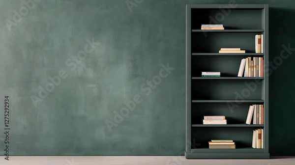 Fototapeta Dark Green Bookshelf Against Textured Wall