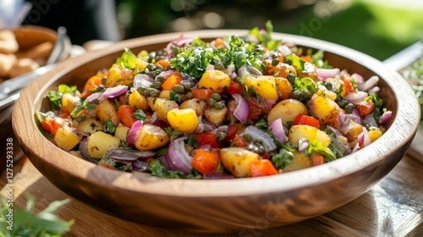 Fototapeta A vibrant salad featuring potatoes, vegetables, and herbs in a wooden bowl.