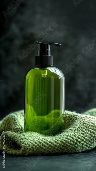 Obraz Green bottle of hand soap on a dark surface