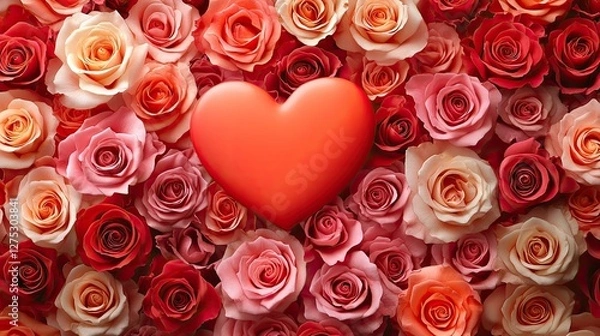 Obraz Heart surrounded by colorful roses, Valentine's Day background, decorative flowers