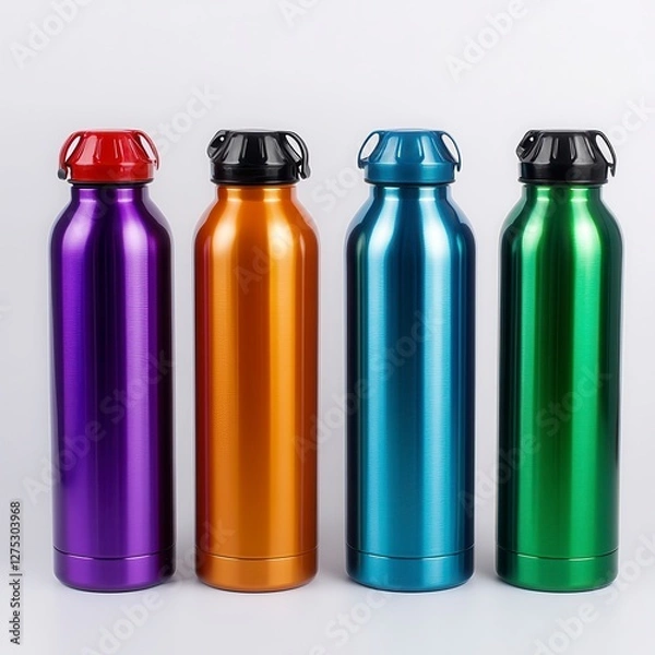 Fototapeta Four Colorful Metallic Water Bottles Isolated On White Background