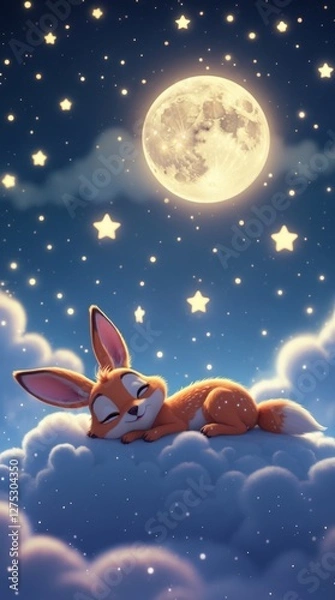Fototapeta Cute Animated Fox Sleeping on Fluffy Cloud with Night Sky Background