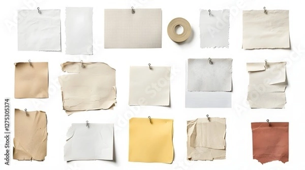 Fototapeta Retro business office workspace theme featuring a torn note paper piece with a grunge label and adhesive tape pinned with thumbtacks for a nostalgic and minimalist workspace look