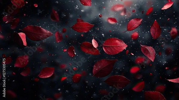 Obraz Red Leaves Falling in Dark Background
