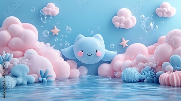Obraz Cute cartoon creature in a pastel sky and water scene. Possible use Children's book illustration