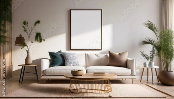 Obraz Stylish 3D Living Room Mockup Contemporary Decor, Minimalist Sofa, and Elegant Table Setting in a Cozy Home Interior