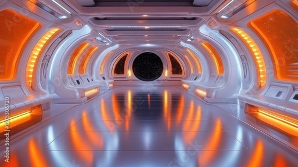Obraz Futuristic spaceship corridor with orange lights