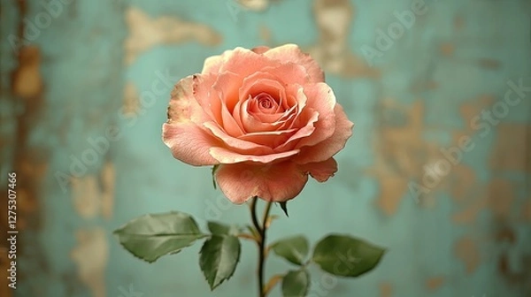 Obraz Single peach rose on teal background
