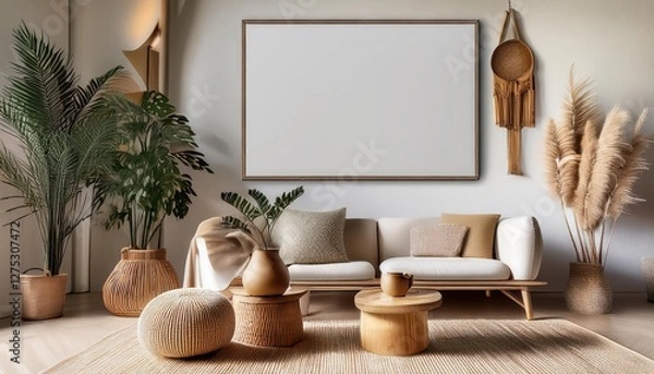 Fototapeta 3D Modern Nomadic Home Interior Mockup Poster Frame in Vibrant Nomadic Background, Capturing the Spirit of Minimalist and Eclectic Design, Exuding a Sense of Wanderlust and Adventure.