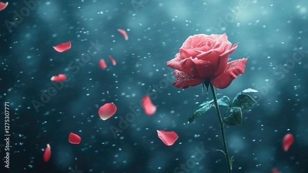 Obraz Rose in winter snowfall; romantic image; use for love, beauty, or greeting cards