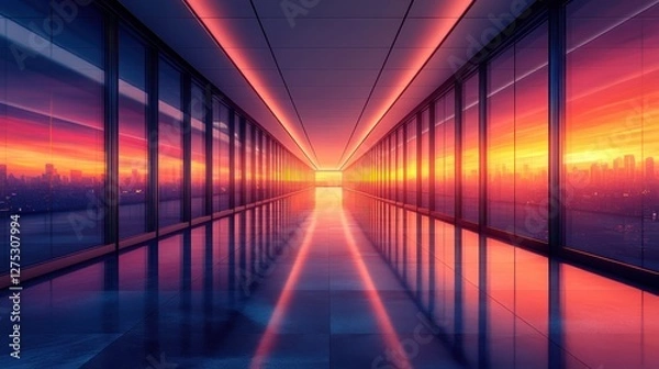 Fototapeta Modern Office Hallway with Stunning Sunset Reflection in Glass