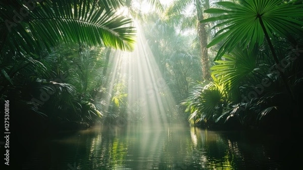 Obraz Sunlight streams through lush jungle