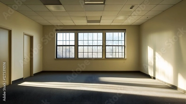 Obraz empty office room with large windows and sunlight