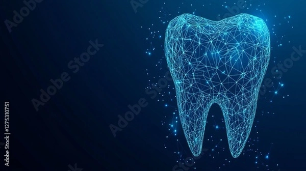 Obraz Two human hands holding a tooth Abstract wireframe lowpoly style banner Dentistry dental care and teeth treatment concept Dark blue background Vector illustration