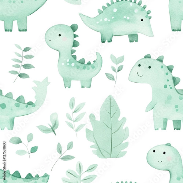 Fototapeta Cute watercolor dinosaur pattern with leaves for children's design and decor