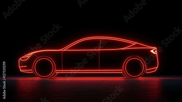 Fototapeta A futuristic car silhouette outlined in glowing red light against a dark background, emphasizing its sleek design and modern aesthetics.