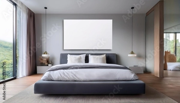 Fototapeta Empty Picture Frame in a Cozy Bedroom Serene Interior Scene with Elegant Minimalism and a Hint of Anticipation for Artwork