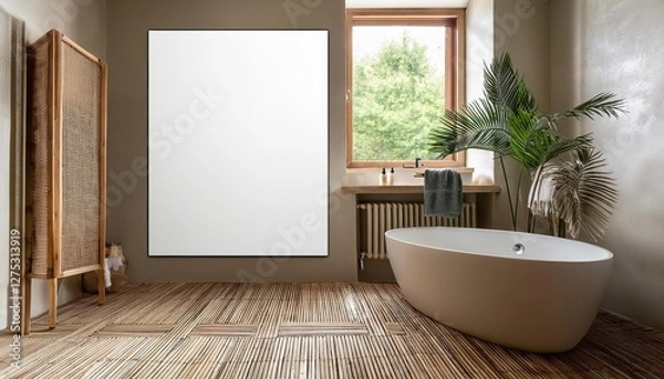 Fototapeta 3D Rendered Cozy Nomadic Bathroom Interior against a Backdrop of Warm Tones and Textured Layers, Perfect for Digital Art, Home Decor, or Design Inspiration.