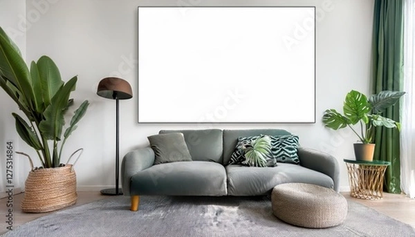 Fototapeta Living Room Interior Elegant Gray Velvet Sofa Framed in a Horizontal Frame Against an Empty White Wall Modern Minimalist Artwork with A Touch of Warmth and Luxury