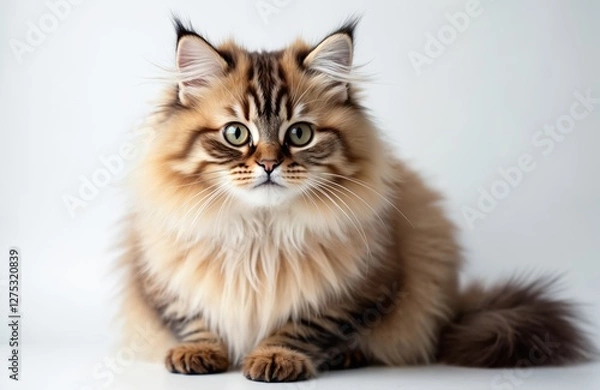 Fototapeta Close-up portrait of fluffy tabby cat sitting on white background. Beautiful furry ragamuffin with sweet expression, long hair, green eyes, adorable look in studio.