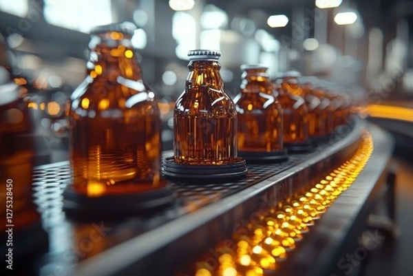 Fototapeta Bottles moving on a conveyor belt. AI.