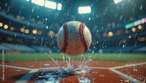 Fototapeta Baseball splashes into the puddle on a rainy day at the stadium during an evening game