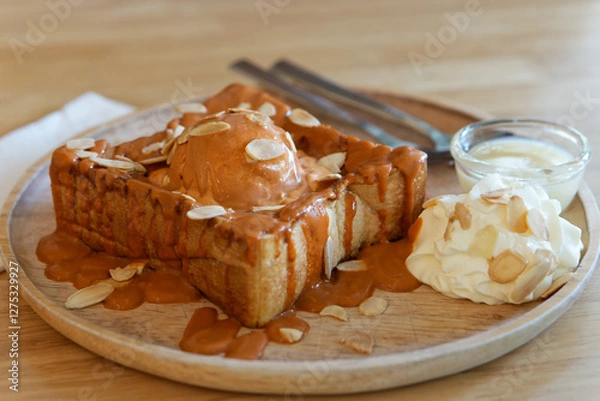 Fototapeta Closeup of Thai Milk Tea Toast with Ice Cream and Almonds. Dessert featuring thick slices of toast topped with Thai tea sauce, ice cream. Garnished with sliced almonds, whipped cream, condensed milk.