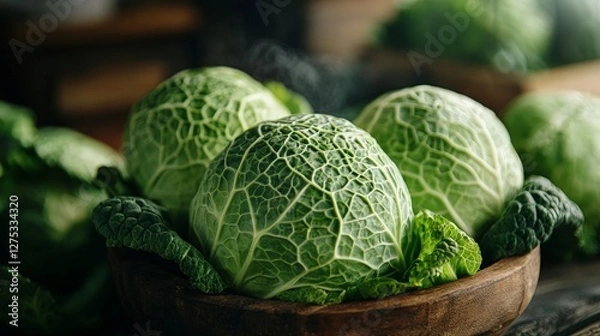 Fototapeta Fresh green cabbages arranged in a wooden bowl with leafy greens surrounding them.